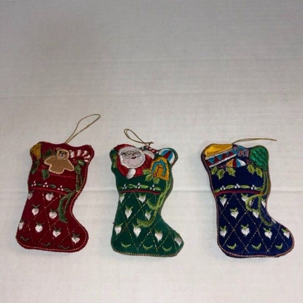 Lot of 3 Vintage Embroidered Applique Velvet Stocking Christmas Ornaments